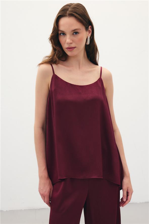 Askılı Saten Bluz - Bordo
