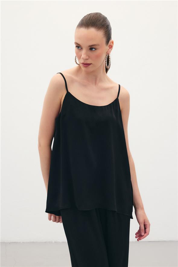 Askılı Saten Bluz - Siyah