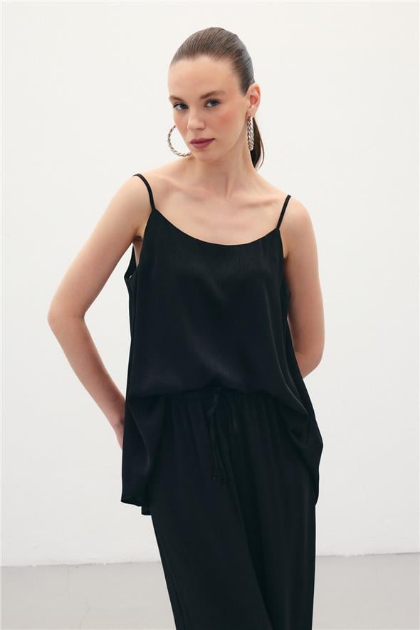 Askılı Saten Bluz - Siyah