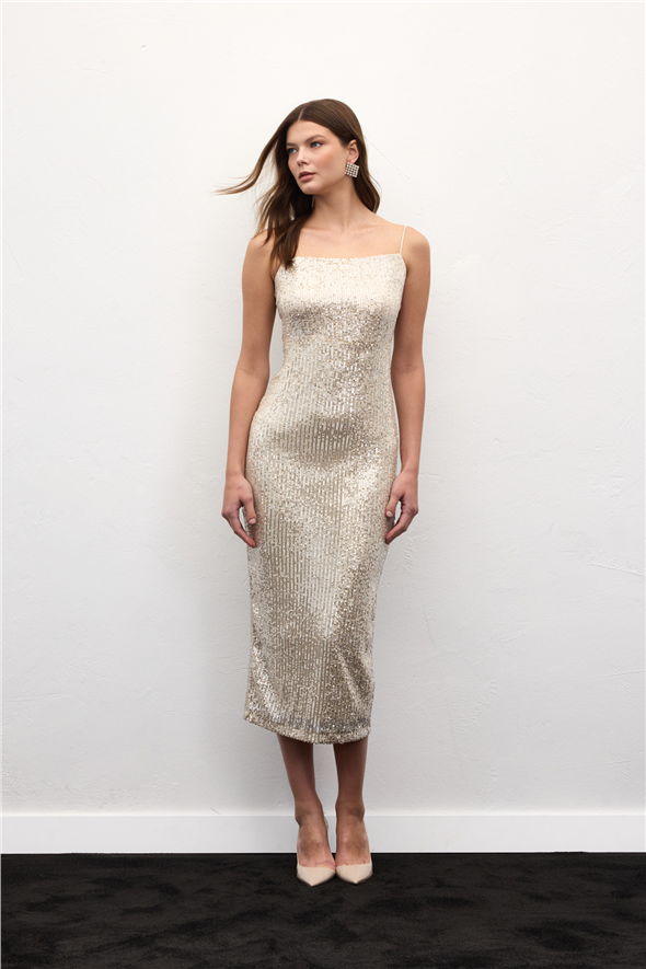 Askılı Uzun Payet Elbise - Bej