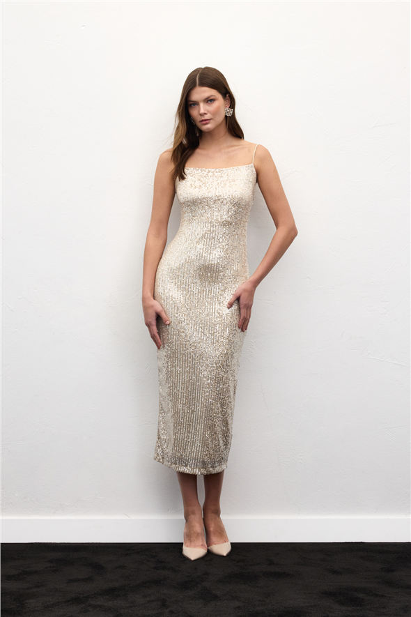 Askılı Uzun Payet Elbise - Bej