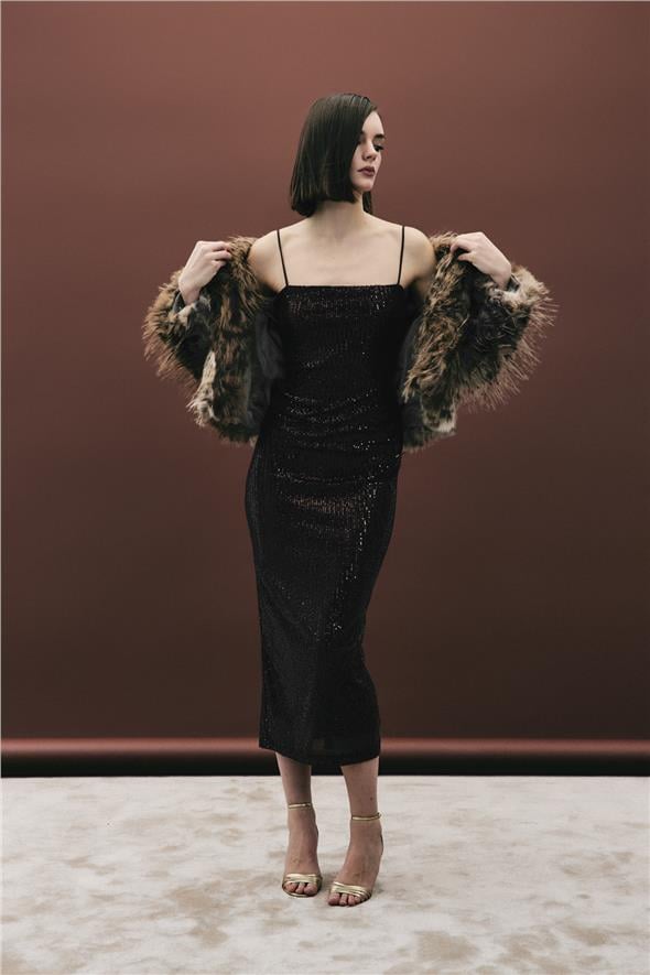 Askılı Uzun Payet Elbise - Kahve