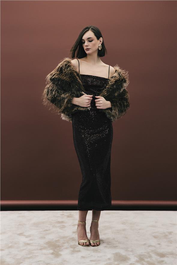 Askılı Uzun Payet Elbise - Kahve