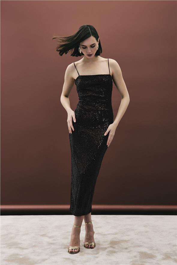 Askılı Uzun Payet Elbise - Kahve