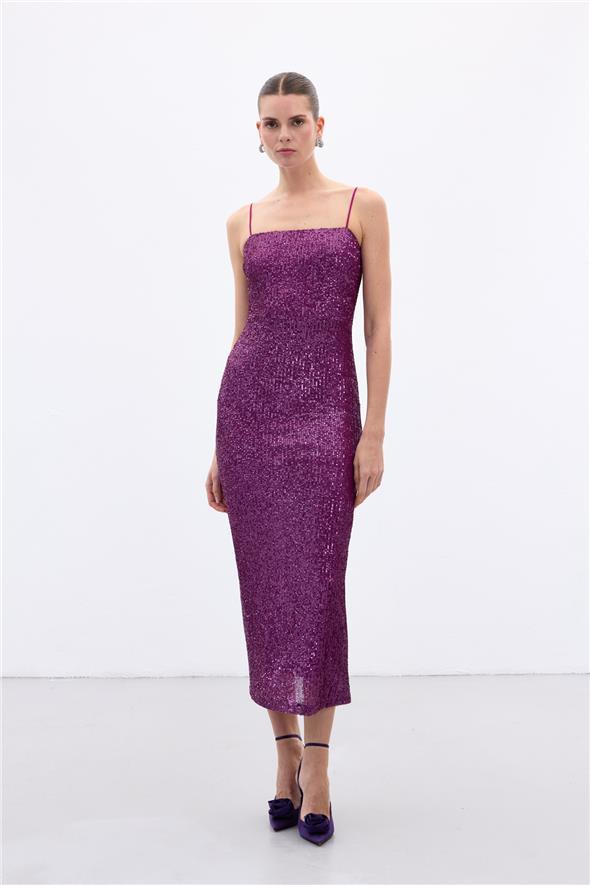 Askılı Uzun Payet Elbise - Mürdüm