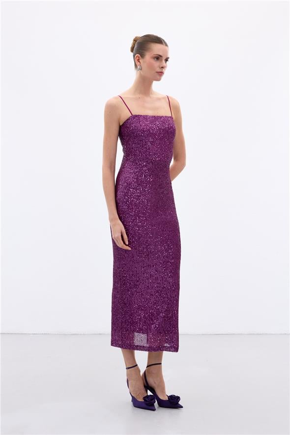 Askılı Uzun Payet Elbise - Mürdüm