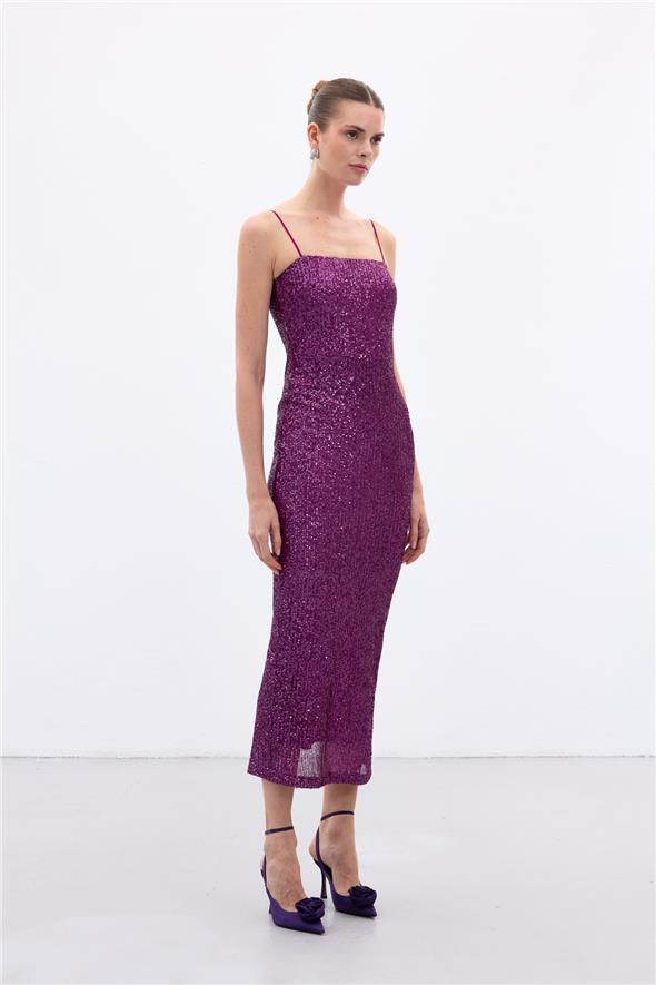 Askılı Uzun Payet Elbise - Mürdüm