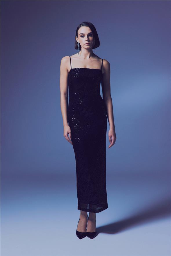 Askılı Uzun Payet Elbise - Siyah