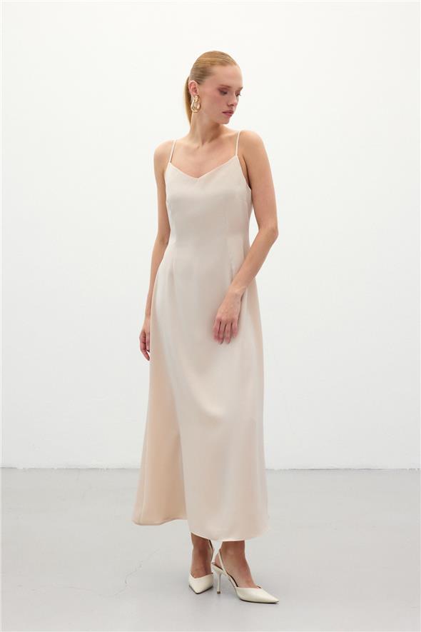 Askılı Uzun Saten Elbise - Bej