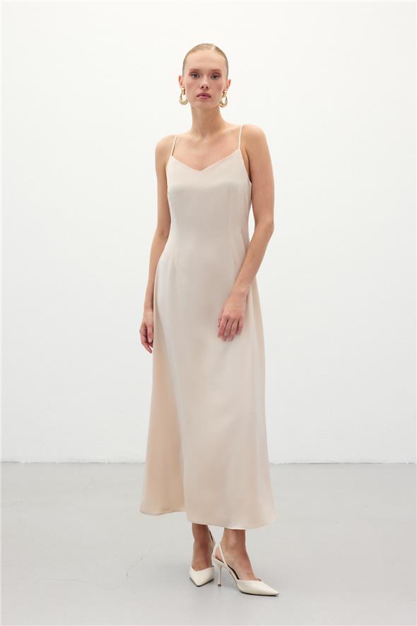Askılı Uzun Saten Elbise - Bej