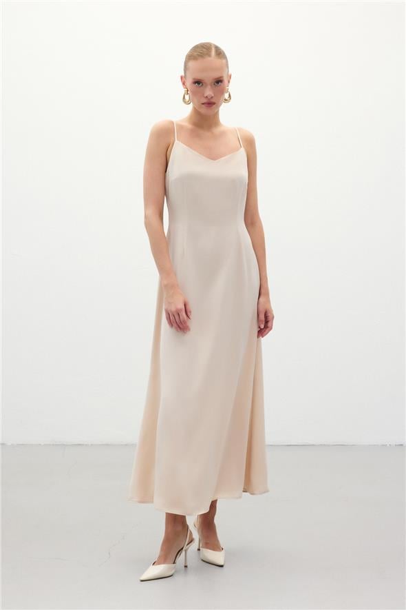Askılı Uzun Saten Elbise - Bej