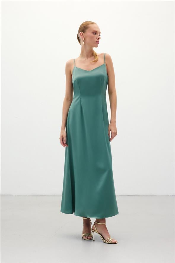 Askılı Uzun Saten Elbise - Mint