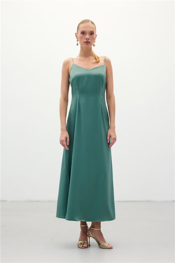 Askılı Uzun Saten Elbise - Mint