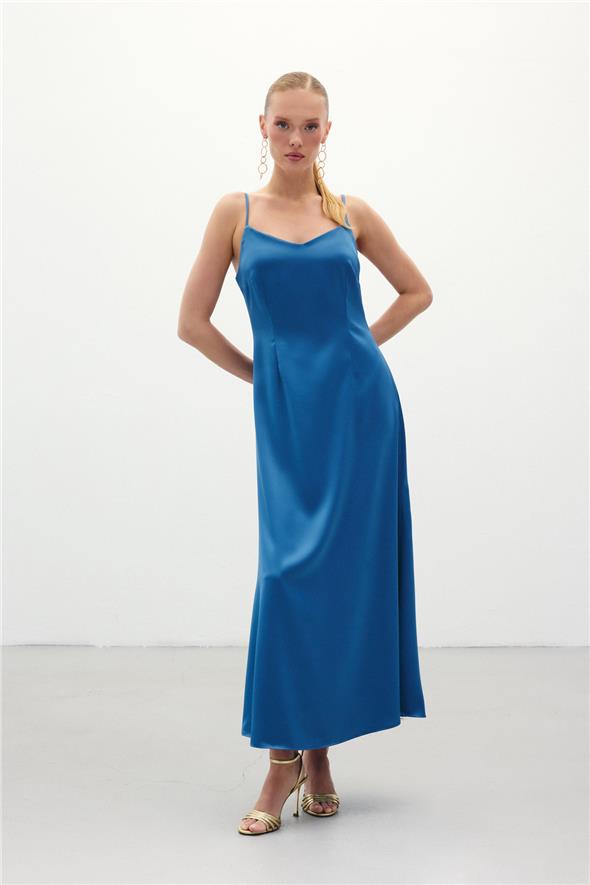 Askılı Uzun Saten Elbise - Sax Mavi