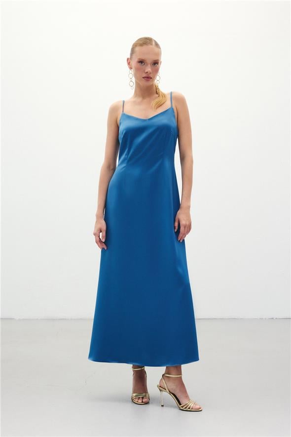 Askılı Uzun Saten Elbise - Sax Mavi
