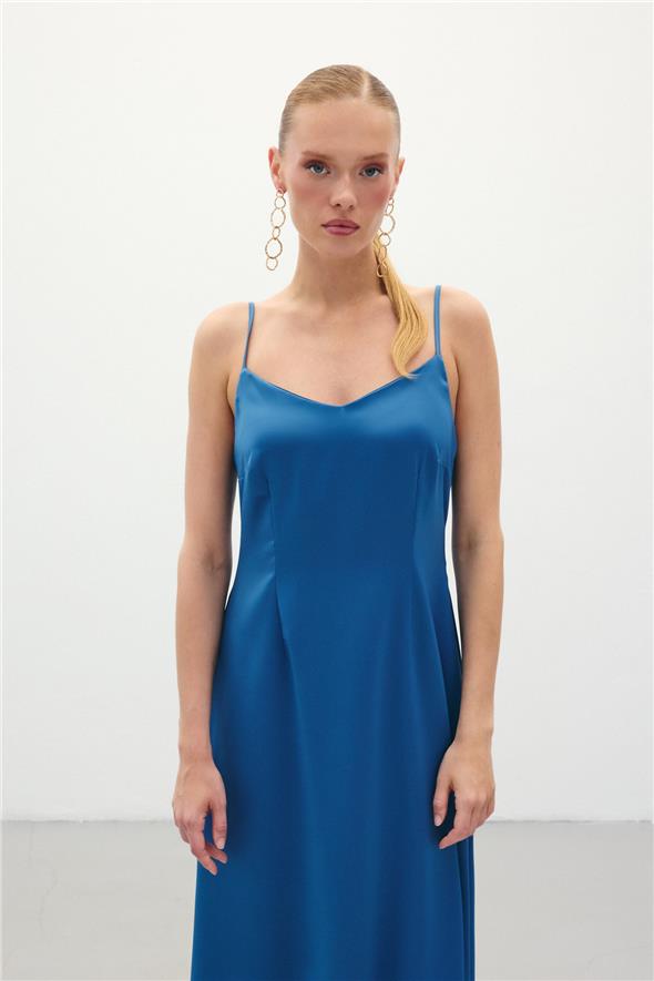Askılı Uzun Saten Elbise - Sax Mavi