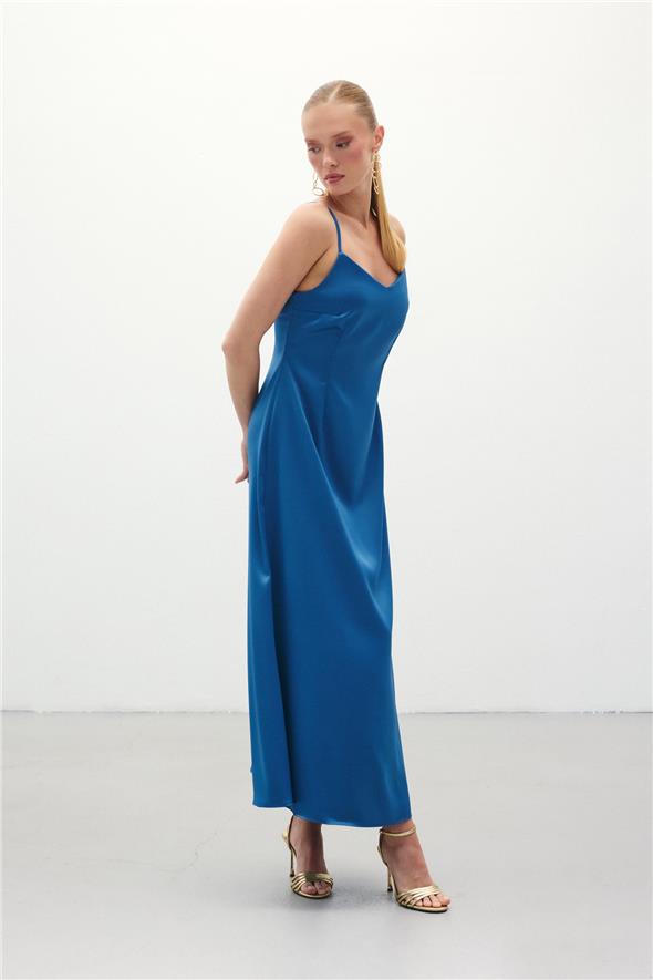 Askılı Uzun Saten Elbise - Sax Mavi