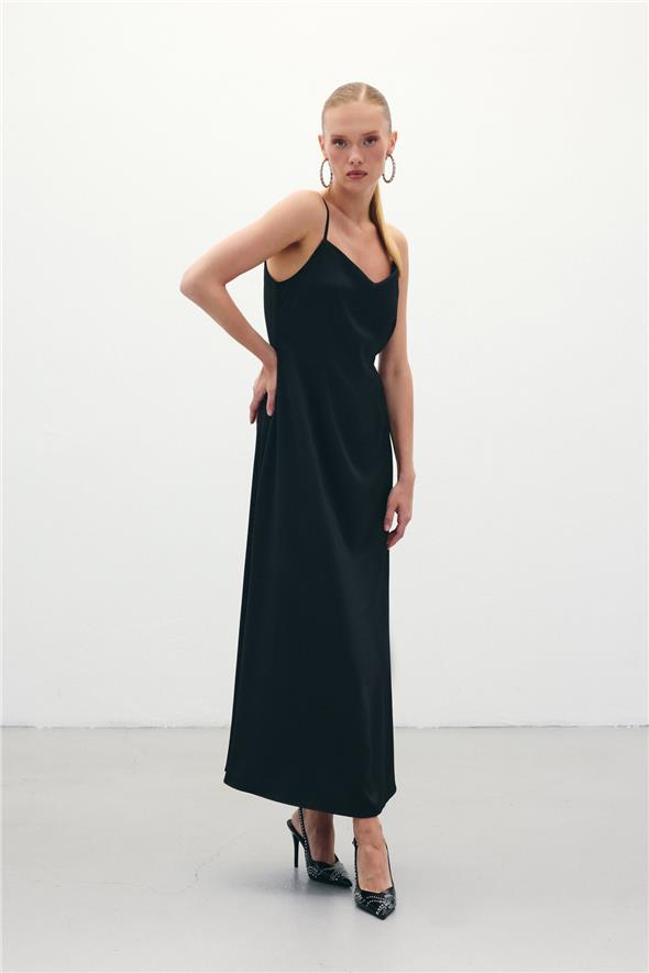 Askılı Uzun Saten Elbise - Siyah