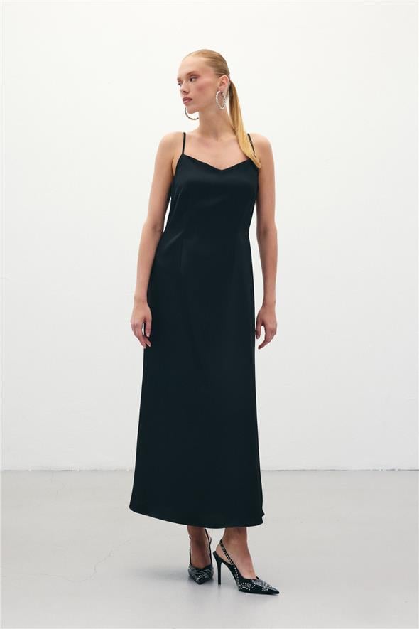 Askılı Uzun Saten Elbise - Siyah