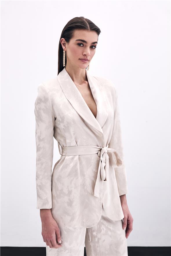 Bağlamalı Jakarlı Ceket - Bej