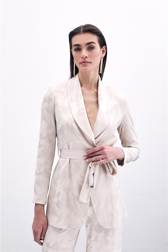 Bağlamalı Jakarlı Ceket - Bej