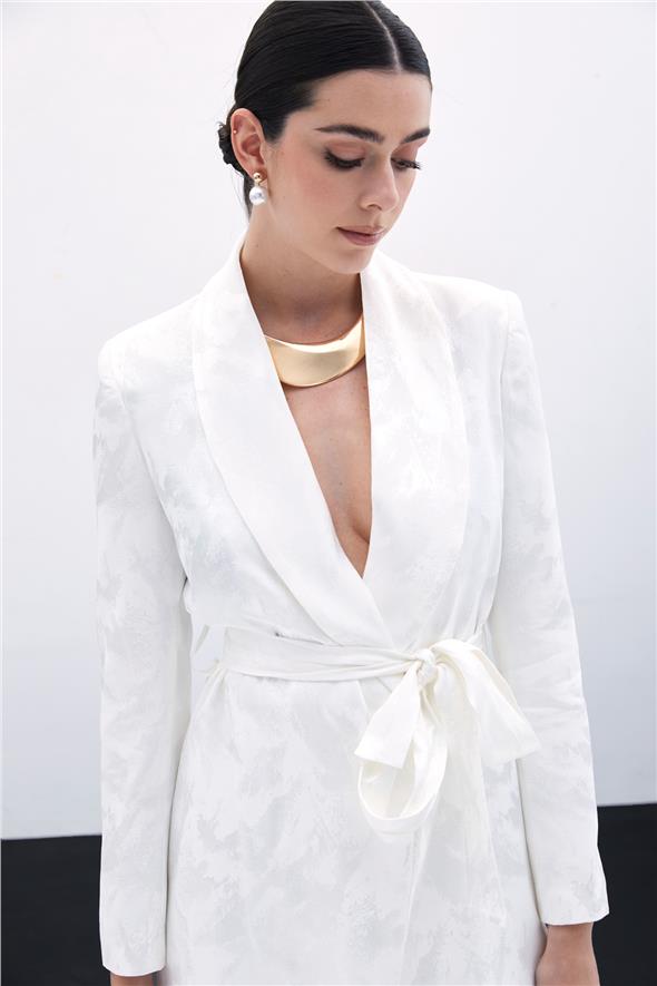 Bağlamalı Jakarlı Ceket - Ekru