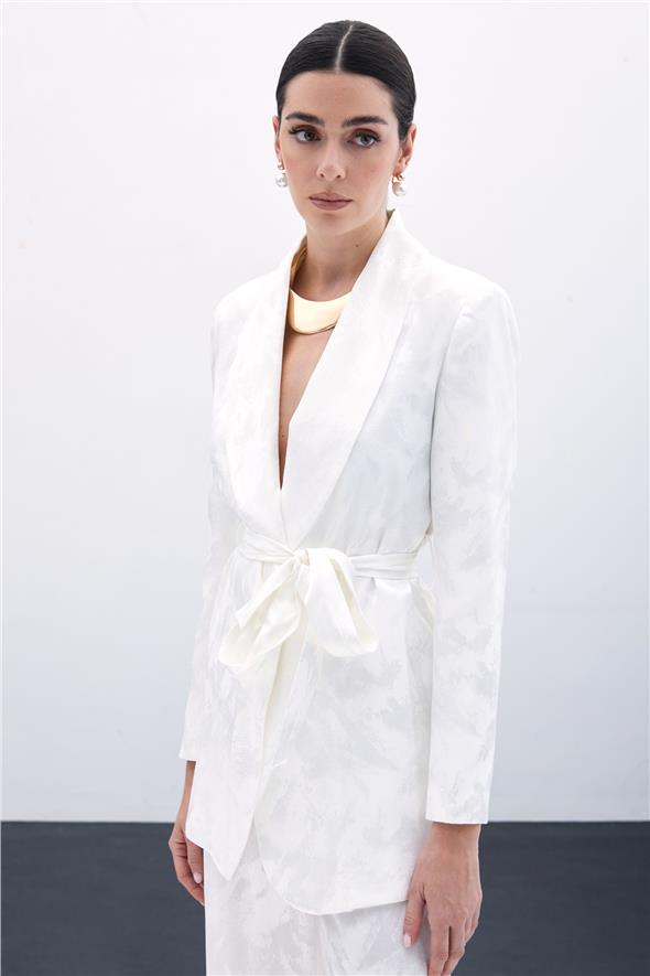 Bağlamalı Jakarlı Ceket - Ekru