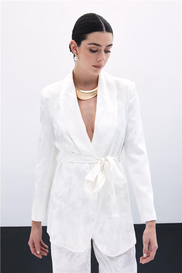 Bağlamalı Jakarlı Ceket - Ekru