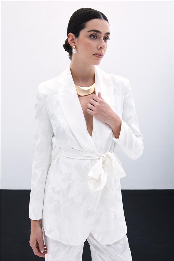 Bağlamalı Jakarlı Ceket - Ekru