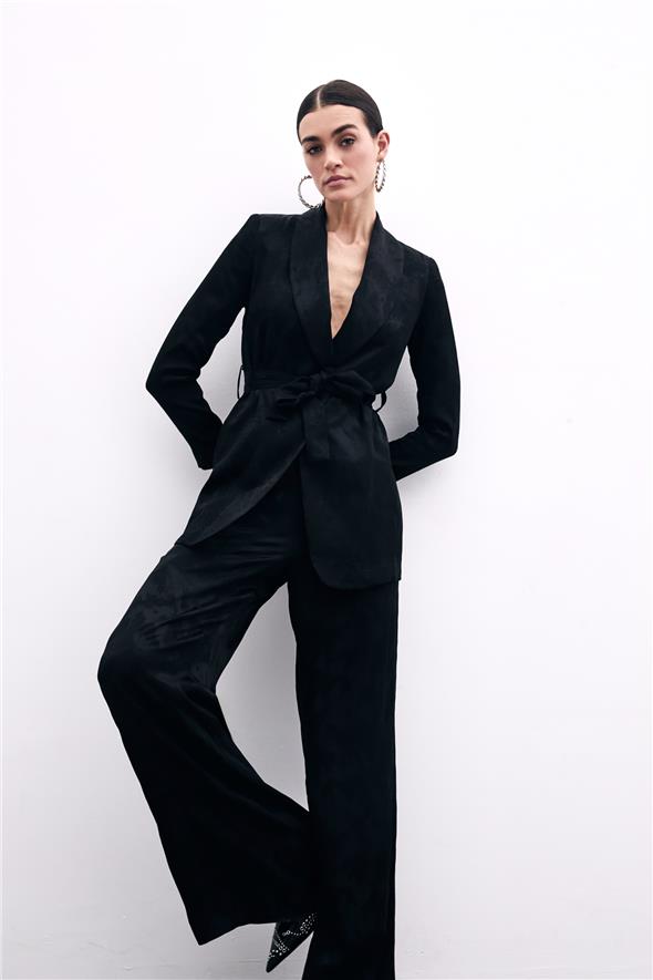 Bağlamalı Jakarlı Ceket - Siyah