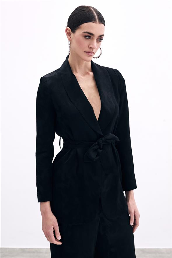 Bağlamalı Jakarlı Ceket - Siyah