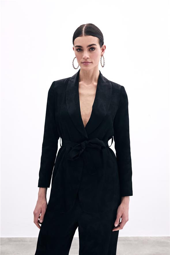 Bağlamalı Jakarlı Ceket - Siyah