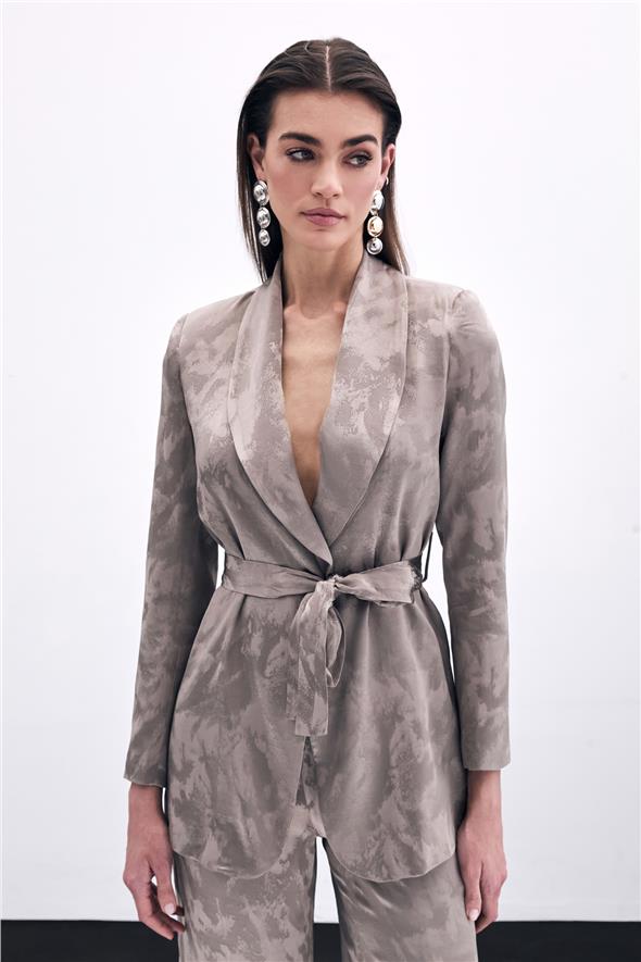 Bağlamalı Jakarlı Ceket - Vizon