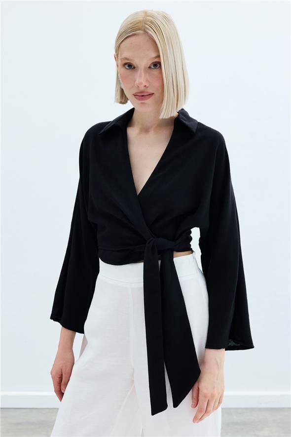 Bağlamalı Keten Bluz - Siyah