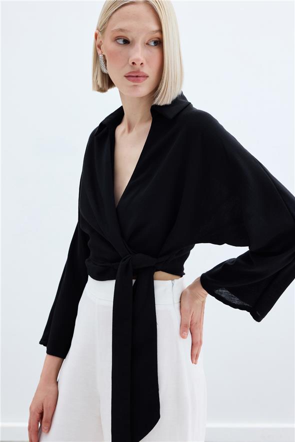 Bağlamalı Keten Bluz - Siyah