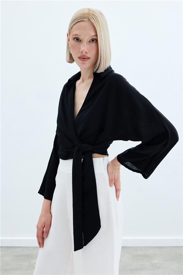 Bağlamalı Keten Bluz - Siyah