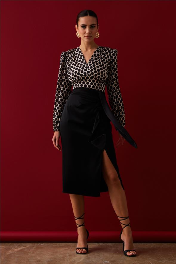 Bağlamalı Saten Etek - Siyah