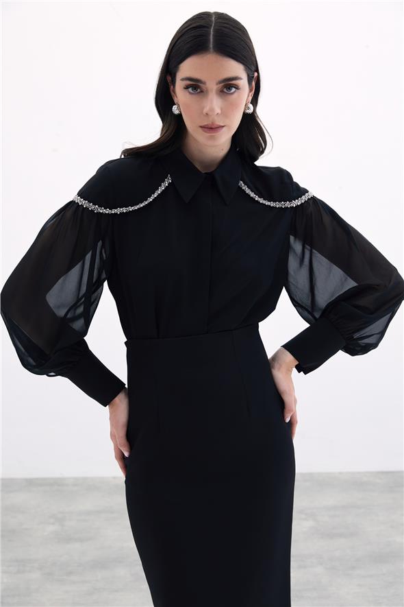 Balon Kollu Aksesuarlı Gömlek - Siyah