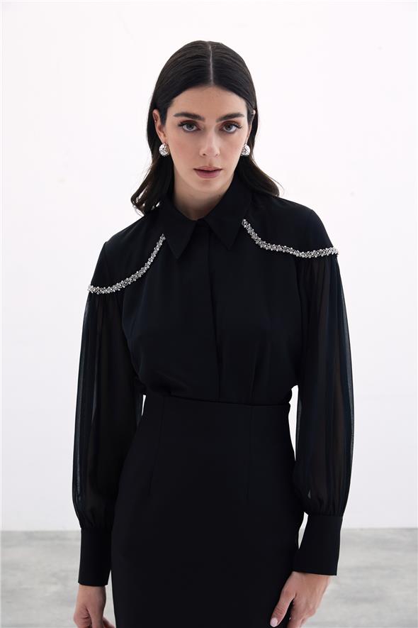 Balon Kollu Aksesuarlı Gömlek - Siyah