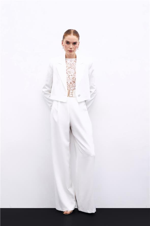 Bel Aksesuarlı Bol Paça Pantolon - Ekru