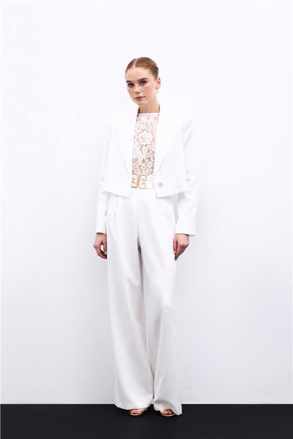 Bel Aksesuarlı Bol Paça Pantolon - Ekru