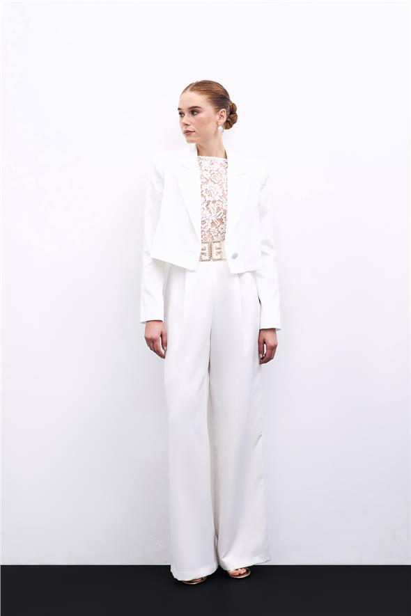 Bel Aksesuarlı Bol Paça Pantolon - Ekru