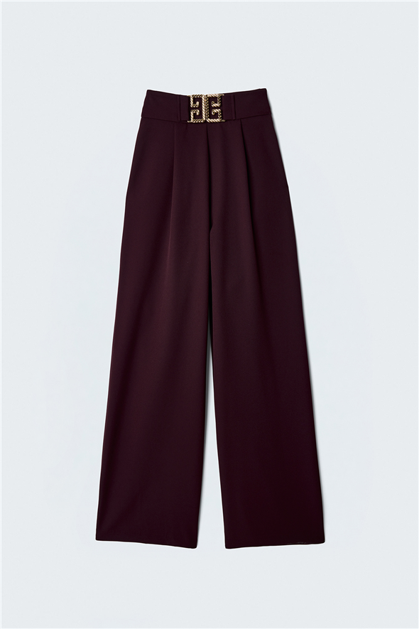 Bel Aksesuarlı Bol Paça Pantolon - Mürdüm