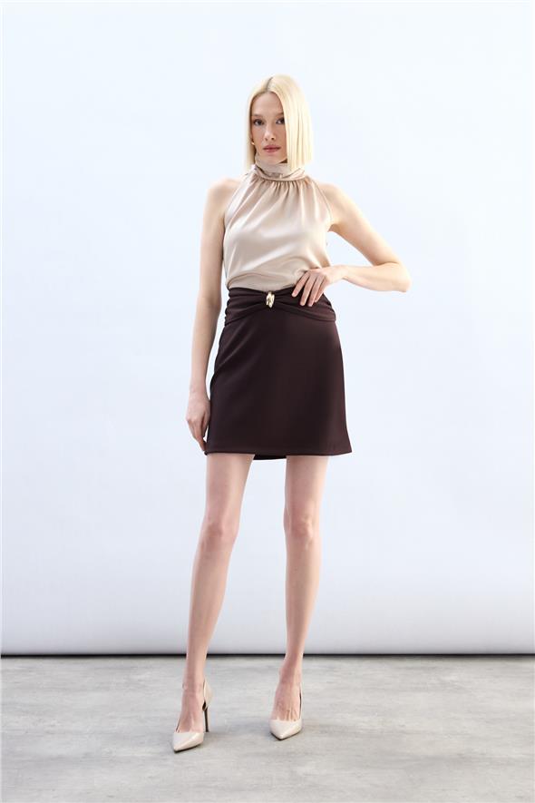 Bel Aksesuarlı Mini Etek - Kahve