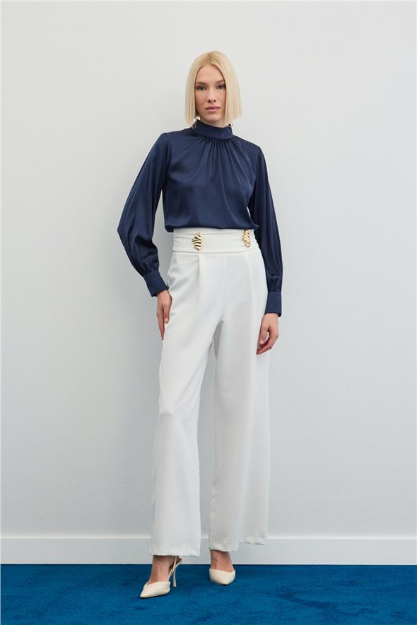 Bel Aksesuarlı Pantolon - Ekru