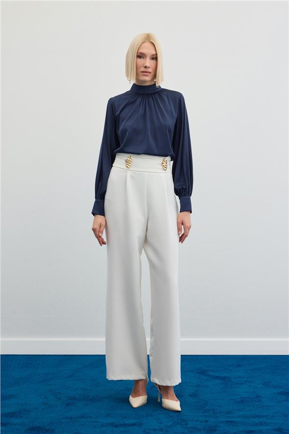 Bel Aksesuarlı Pantolon - Ekru