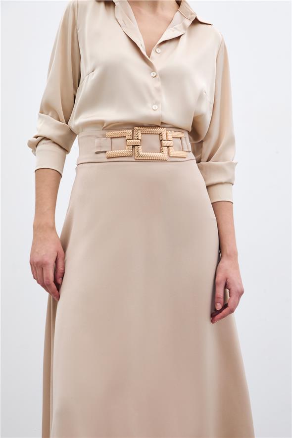 Bel Aksesuarlı Saten Krep Etek - Bej
