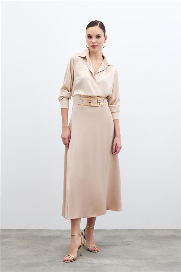 Bel Aksesuarlı Saten Krep Etek - Bej