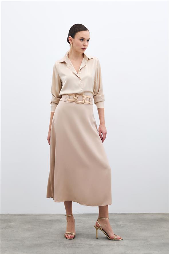 Bel Aksesuarlı Saten Krep Etek - Bej