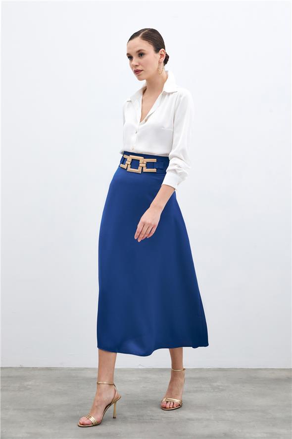 Bel Aksesuarlı Saten Krep Etek - Sax Mavi